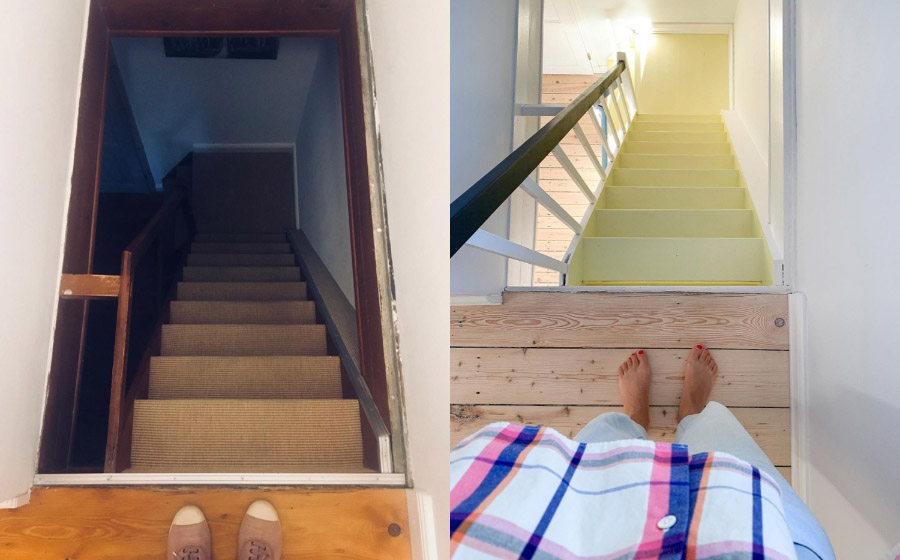 Antes y después de una escalera luminosa